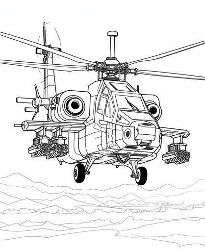 coloring page for kids, army helicopter, apache helicopter, cartoon style, thick lines, no shading, low detail --ar 9:11