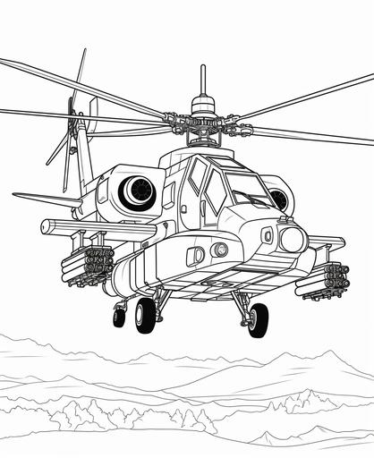 coloring page for kids, army helicopter, apache helicopter, cartoon style, thick lines, no shading, low detail --ar 9:11