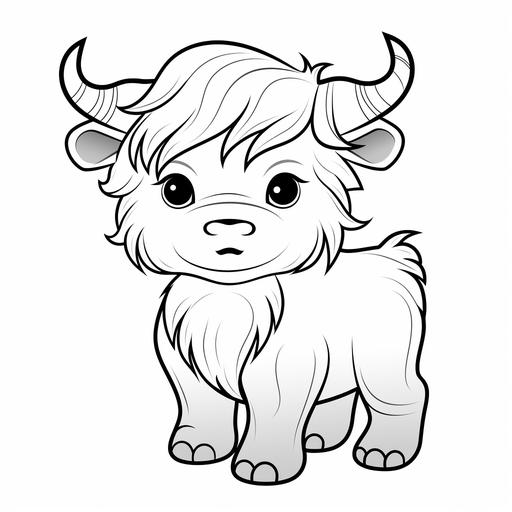 coloring page for kids, baby highland cow, cartoon style, thick lines, no shading --s 50