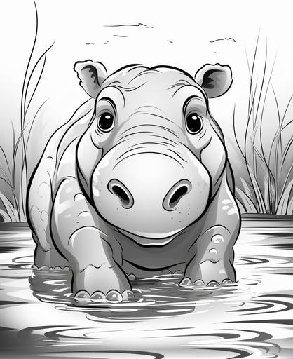 coloring page for kids, baby hippo in water, cartoon style, thick lines, low detail, no shading --ar 9:11