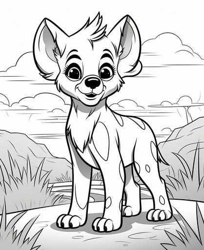coloring page for kids, baby hyena, cartoon style, thick lines, low detail, no shading --ar 9:11