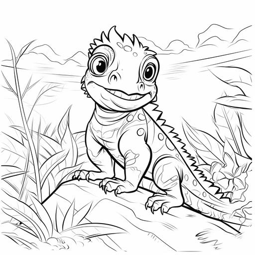 coloring page for kids, baby iguana cartoon style, think lines, low details, no shading