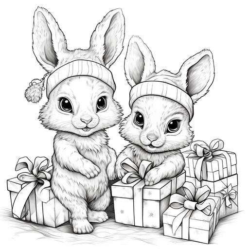 coloring page for kids, baby rabbits with christmas hats and presents, village