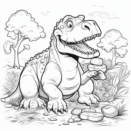 coloring page for kids, big dinosaur eating, cartoon style, low details, no shadows