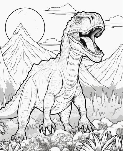 coloring page for kids, big dinosaurs With the volcano erupting, cartoon style, thick lines, low detail, no shading, --ar 9:11