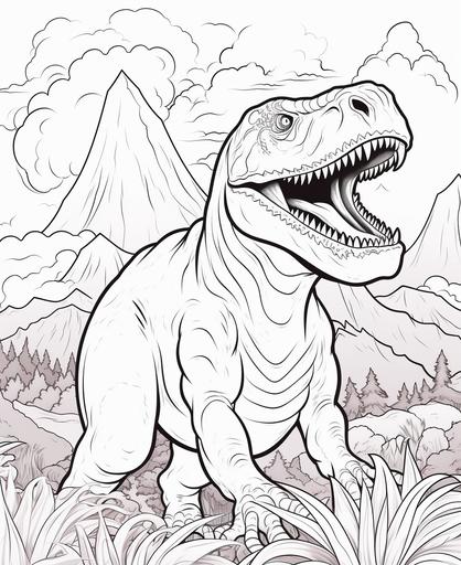 coloring page for kids, big dinosaurs with the volcano, cartoon style, thick lines, low detail, no shading, --ar 9:11