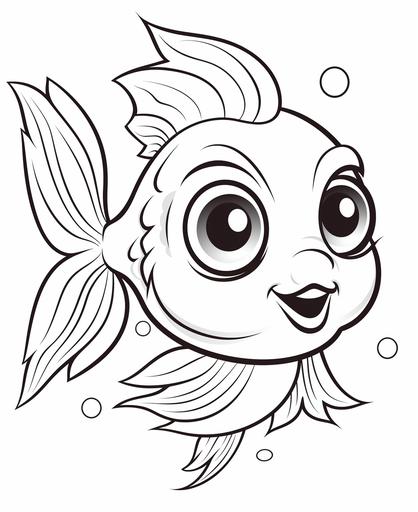 coloring page for kids, big eyes, goldfish, cartoon style, thick line, low detail, no shading --ar 9:11