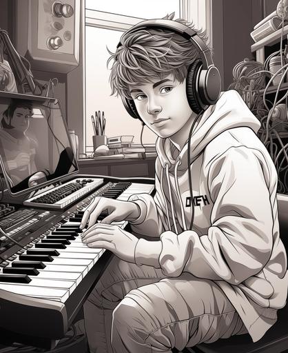 coloring page for kids, black and white, 10 year old music producer in a music home studio, cartoon style, thick lines, no detail, no shading --ar 9:11 --v 5.2 --s 750