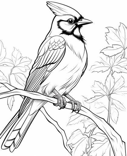 coloring page for kids, blue jay, cartoon style, thick line, low detailm no shading --ar 9:11