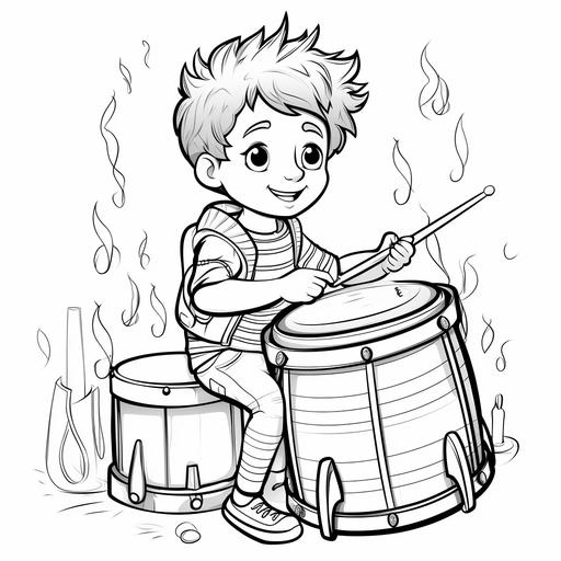 coloring page for kids, boy plying the drum, cartoon style, thick lines, low detail, no shading ar 9:11