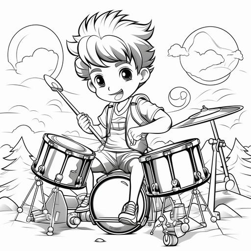 coloring page for kids, boy plying the drum, cartoon style, thick lines, low detail, no shading ar 9:11