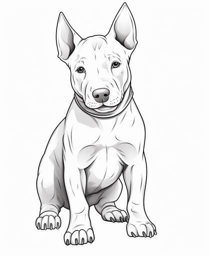 coloring page for kids, bull terrier, baby, puppy, cartoon style, thick line, low detailm no shading --ar 9:11