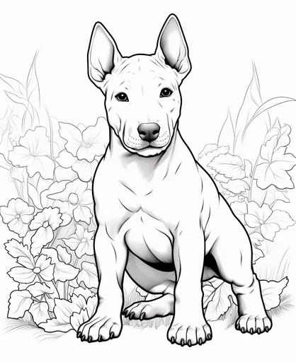 coloring page for kids, bull terrier, baby, puppy, cartoon style, thick line, low detailm no shading --ar 9:11