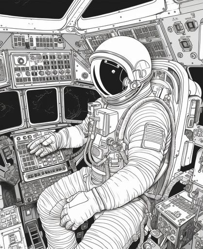 coloring page for kids b&w, astronaut piloting spacecraft, cartoon style, thick lines, low detail, no shading, clean lines, No dither, no gradient, strong outline, No fill, no solids, vector illustration --ar 9:11 --v 5