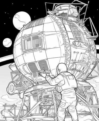 coloring page for kids b&w, astronaut repairing damaged satellite, cartoon style, thick lines, low detail, no shading, clean lines, No dither, no gradient, strong outline, No fill, no solids, vector illustration --ar 9:11 --v 5