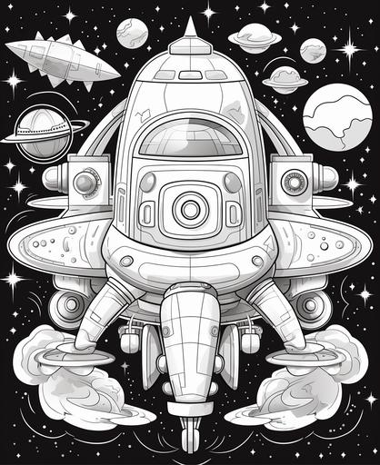 coloring page for kids b&w, space craft, space background, cartoon style, thick lines, low detail, no shading, clean lines, No dither, no gradient, strong outline, No fill, no solids, vector illustration --ar 9:11 --v 5.1