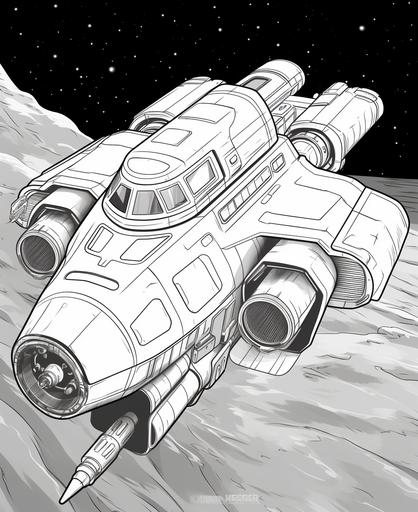 coloring page for kids b&w, space craft, space background, cartoon style, thick lines, low detail, no shading, clean lines, No dither, no gradient, strong outline, No fill, no solids, vector illustration --ar 9:11 --v 5.1