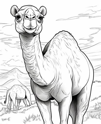 coloring page for kids, camel, cartoon style, thick line, low detailm no shading --ar 9:11