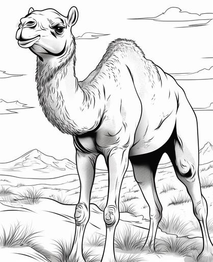 coloring page for kids, camel, cartoon style, thick line, low detailm no shading --ar 9:11