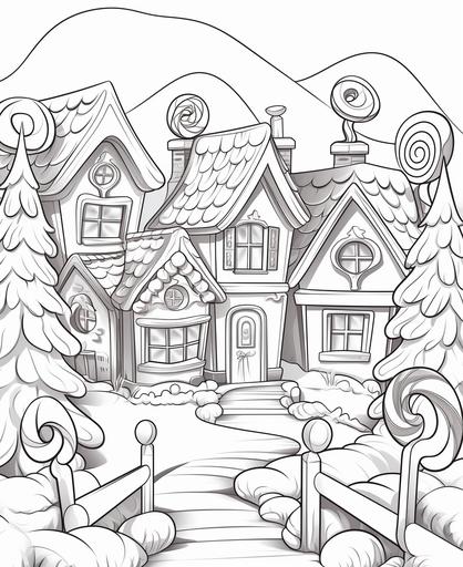 coloring page for kids, candy cane lane with houses, cartoon style, thick lines, low detail, no shading --ar 9:11
