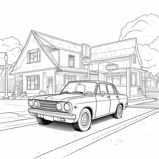 coloring page for kids, car at a stop sign, cartoon style, thick lines, low detail, no shading ar 9:11