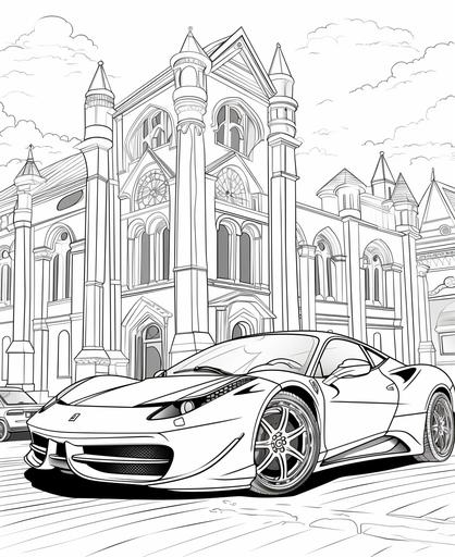 coloring page for kids, cartoon style , ferrari car , low detail, thick lines, no shading --ar 9:11