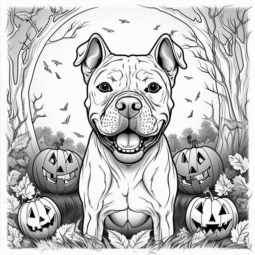 coloring page for kids, cartoon style, american pitbull spooky halloween scene, thick lines, black and white, low detail, low shading,--ar9:11