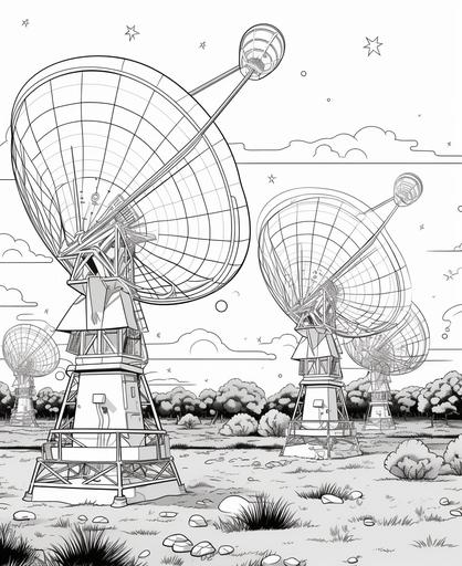 coloring page for kids, cartoon style, radio telescopes, outer space --ar 9:11
