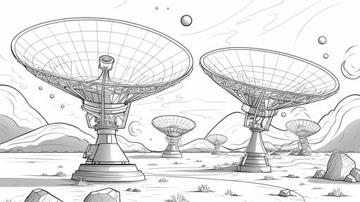 coloring page for kids, cartoon style, radio telescopes --ar 16:9