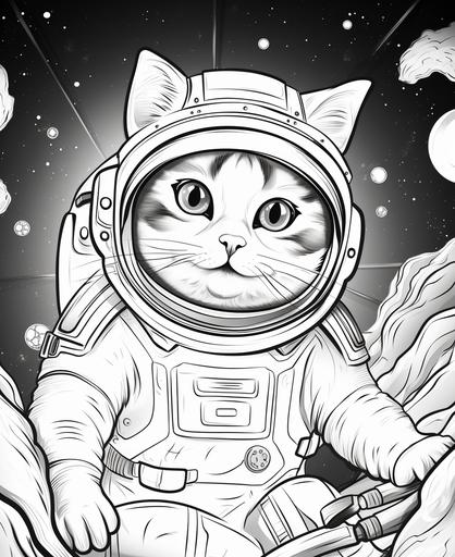 coloring page for kids, cat en route to mars, cartoon style, thick lines, low detail, no shading --ar 9:11