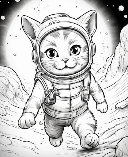 coloring page for kids, cat en route to mars, cartoon style, thick lines, low detail, no shading --ar 9:11