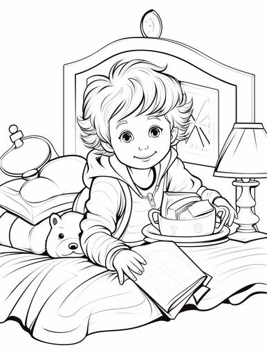 coloring page for kids, child getting ready for bed, cartoon style, thick lines, low detail, thick lines, white background --ar 9:12