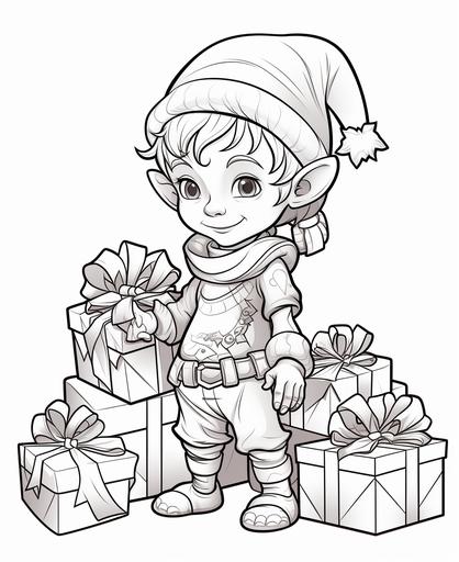 coloring page for kids, christmas elf with gifts cartoon style, thick lines, low detail, no shading --ar 9:11