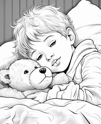 coloring page for kids, christmas, sleeping kid, in bed, holding a teddy bear, cartoon style, thick lines, low detail, no shading --ar 9:11