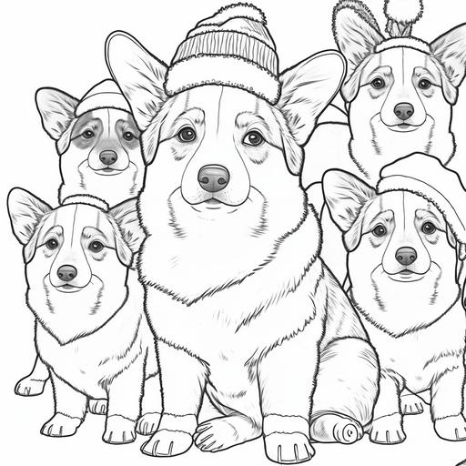 coloring page for kids, christmas time, cardigan welsh corgi, australian shepherd, golden retriever, husky, wearing santa hats, sitting in a line facing the camera, cartoon style, thick lines, low detail, no shading--ar 9:11 - --v 4