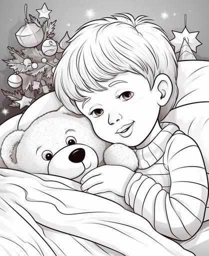 coloring page for kids, christmas time, child sleeping in bed, holding a teddy bear, basic cartoon style, thick lines, low detail, no shading --ar 9:11