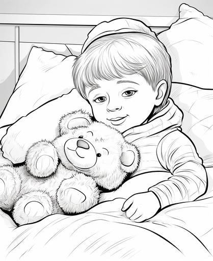 coloring page for kids, christmas time, child sleeping in bed, holding a teddy bear, basic cartoon style, thick lines, low detail, no shading --ar 9:11