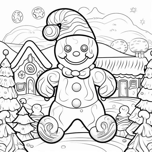 coloring page for kids, christmas time, gingerbread man cookies, cartoon style, thick lines, low detail, no shading--ar 9:11