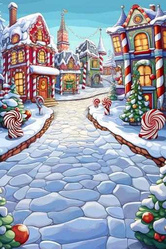 coloring page for kids, christmas time, whimisical town, The North Pole during christmas time, candy canes lining street, christmas themed town, cartoon style, thick lines, low detail, no shading--ar 9:11