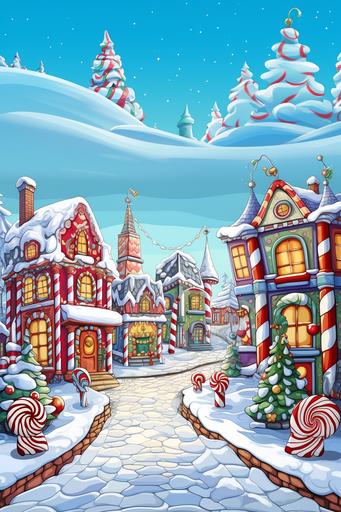 coloring page for kids, christmas time, whimisical town, The North Pole during christmas time, candy canes lining street, christmas themed town, cartoon style, thick lines, low detail, no shading--ar 9:11