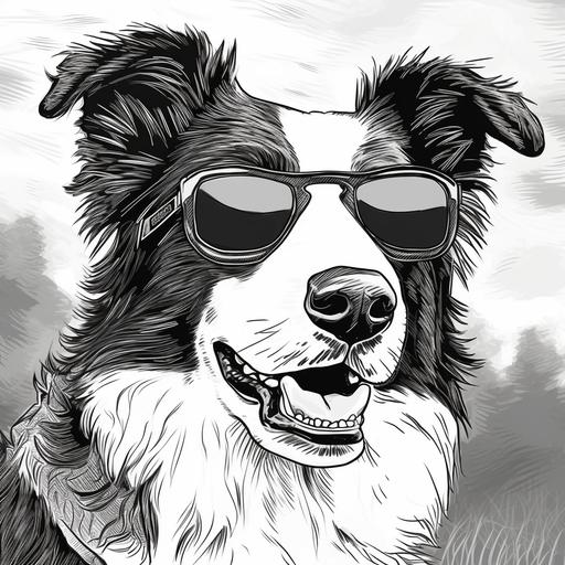 coloring page for kids, close up of border collie with sunglasses, cartoon style, thick lines, no details, black and white, no shading,--ar 9:11