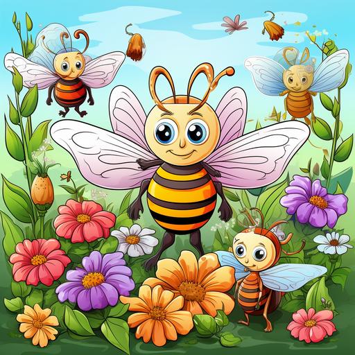 coloring page for kids, colored lovely bee, butterfly and frongs all together in a garden,cartoon style, thick lines, low detail, no shading, 9: 11