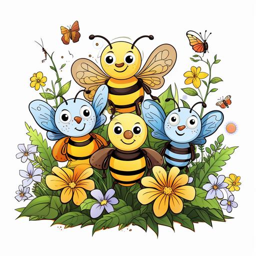 coloring page for kids, colored lovely bee, butterfly and frongs all together in a garden,cartoon style, thick lines, low detail, no shading, 9: 11