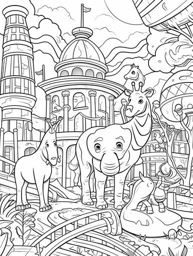 coloring page for kids, colorful zoo adventure, cartoon style, thick lines, low detail, no shading, black and white page --ar 9:12