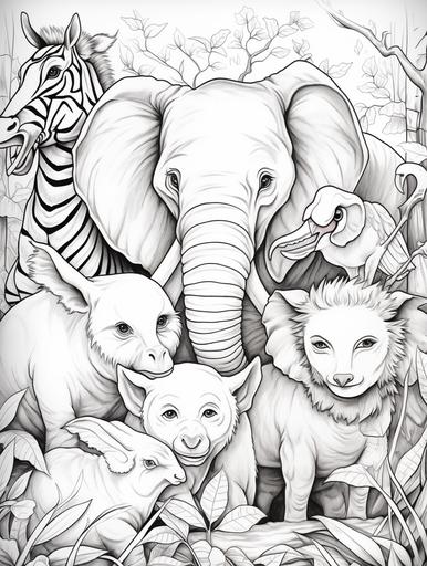 coloring page for kids, colorful zoo adventure, cartoon style, thick lines, low detail, no shading, --ar 9:12