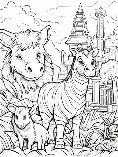 coloring page for kids, colorful zoo adventure, cartoon style, thick lines, low detail, no shading, --ar 9:12