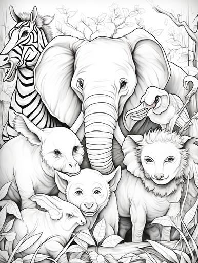 coloring page for kids, colorful zoo adventure, cartoon style, thick lines, low detail, no shading, --ar 9:12