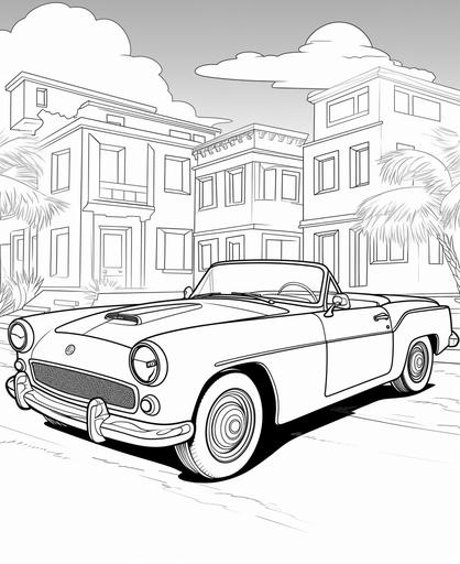 coloring page for kids, convertible car, cartoon style, thick line, low detail, no shading --ar 9:11