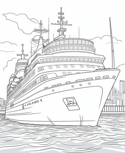 coloring page for kids, cruise ship, cartoon style, thick line, low detail, no shading --ar 9:11