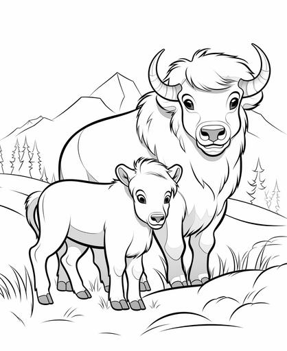 coloring page for kids, cute Bison, cartoon style, thick line, low detailm no shading --ar 9:11